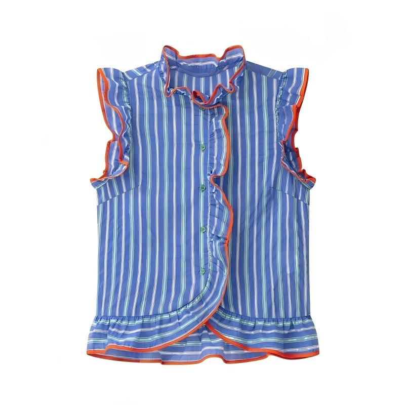 Women's blue vertical striped  - Shirt Camp Collar 评论和价格